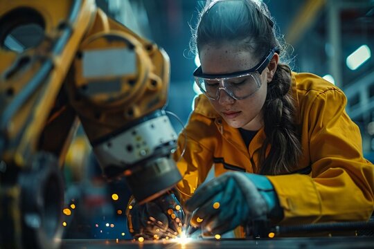 female Digital Manufacturing Engineer regulating welding robotics automation in an automotive factory using a tablet for control and monitoring.