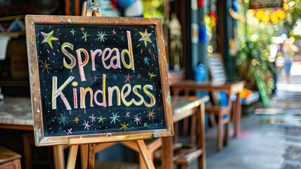 Colorful chalkboard sign with "Spread Kindness" message outdoors