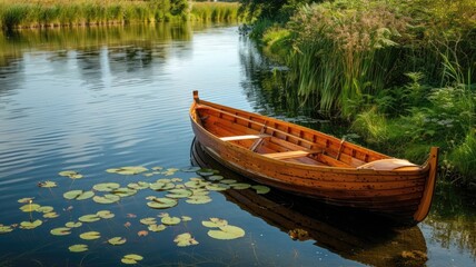 Obraz premium Wooden boat on calm river surrounded by greenery and water lilies
