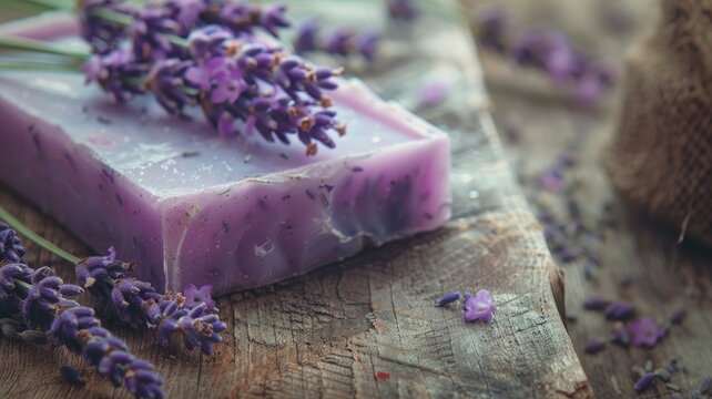 Purple soap with lavender sprigs on rustic wooden surface