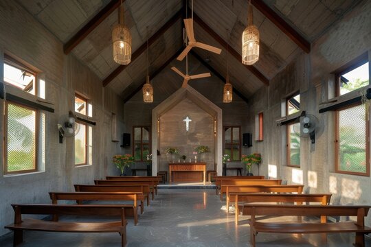 A large, open church with wooden pews and a cross on the wall. The space is filled with light and the atmosphere is peaceful