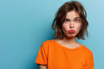 Made A Mistake. Portrait of Afraid and Beautiful Lady with Brown Bob Hair Expressing Emotion on Blue Background