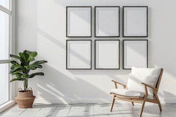 Six Frames Gallery: Black Gallery Frames on Wall, 3D Render Mockup