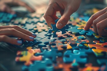 Naklejka premium A puzzle being assembled by a team each piece representing a different aspect of their business vision and goals coming together