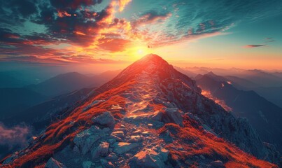 Glowing path leading to success concept with flag on peak of mountain, Generative AI