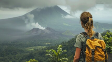 Naklejka premium A woman is standing on a mountain with a yellow backpack