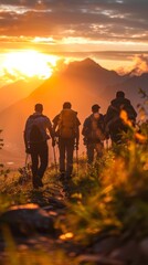 Obraz premium A group of four people are hiking up a mountain trail