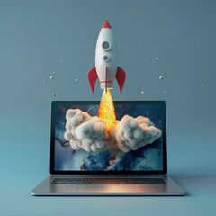 Rocket bursting from laptop screen, blue background. AI-generated illustration.