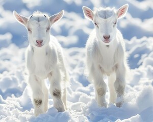 Fototapeta premium Goats in the Snow. Charming Winter Scene with White Baby Goats