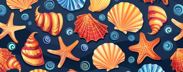 A pattern of shells and starfish on a dark background.