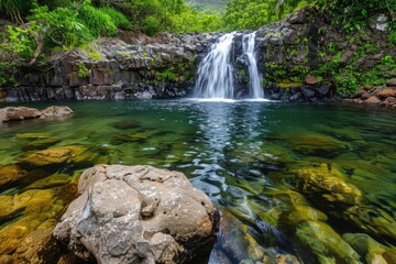 Stream Hawaii. Majestic Waterfall in Lush Forest Landscape