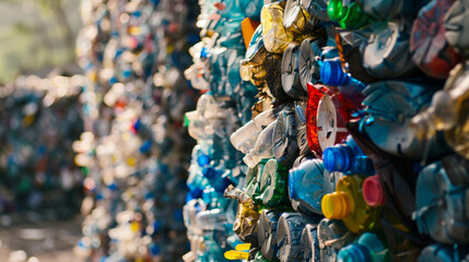 Obraz premium Plastic bottles that have been crushed are stacked together to create a tower. This is part of the recycling process, where used plastic bottles are collected and processed to be reused.