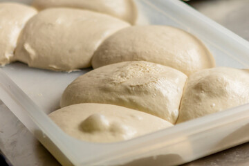 Fresh pizza dough balls resting on a tray for preparation