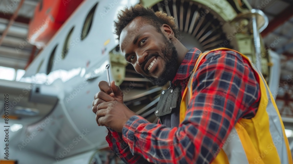 Poster a man is smiling while working on an airplane