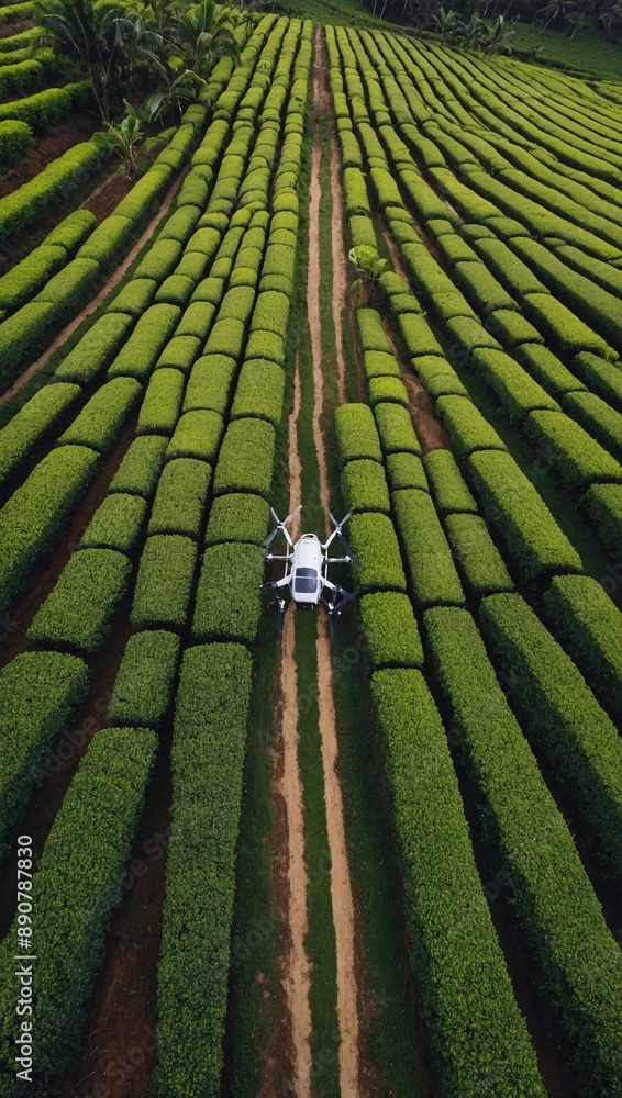 Sticker bird's-eye view of green tea plantation from drone