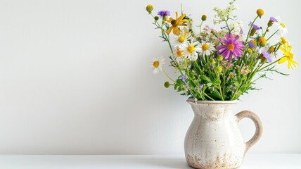 Ceramic jug holds vibrant, mixed bouquet of wildflowers against simple backdrop