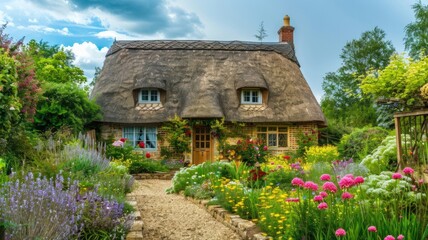 Picturesque cottage with flower garden and thatched roof