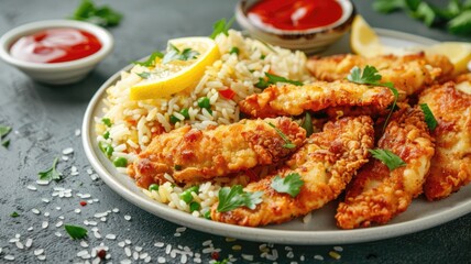 Crispy fried fish fillets with lemon rice and tomato dip