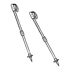 Hiking poles hand drawn in doodle style. Walk along the path in the mountain forest. Vector line art illustration.