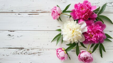 Obraz premium Pink and White Peonies on White Wood