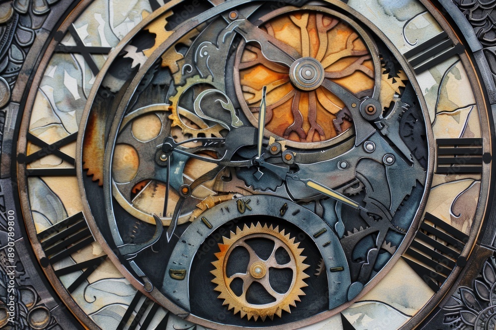 Poster a detailed view of a clock's inner mechanism, featuring intricate gears and machinery