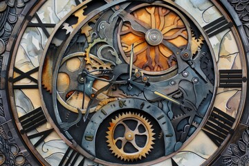 A detailed view of a clock's inner mechanism, featuring intricate gears and machinery