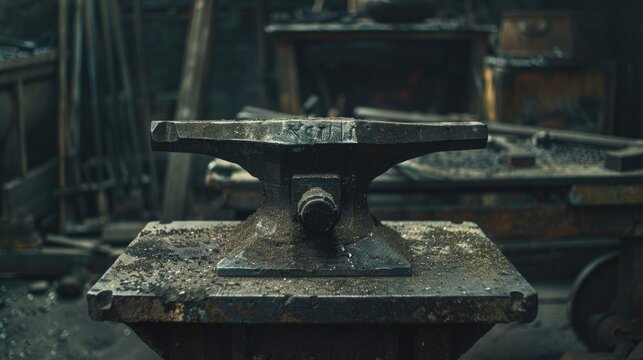 A blacksmith's anvil sitting on a table in a workshop