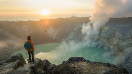 Obraz premium A person is standing on a rocky hillside overlooking a large body of water