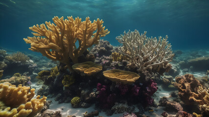 Fototapeta premium Underwater view of a coral in the off the coast. Generative AI