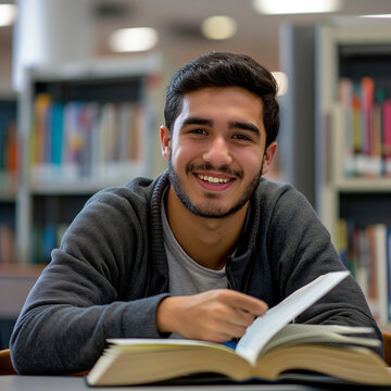 Joven en una biblioteca sonriendo con un libro en la mano