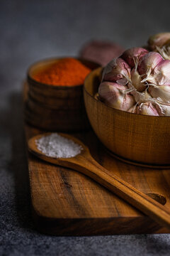 Moody and artistic cooking ingredients with garlic and spices