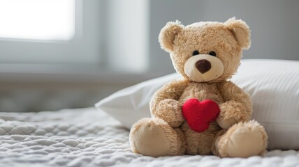 Fototapeta premium Cute bear with red heart sitting on bed