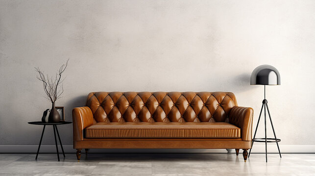 BACKGROUND OF A CONCRETE WALL WITH A BROWN LEATHER SOFA 2