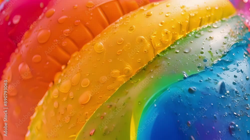 Poster the bumpy and multicolored surface of an inflatable rainbow beach ball creating a playful and lively