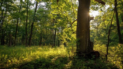 Obraz premium Sunlit forest scene with dense trees and lush greenery
