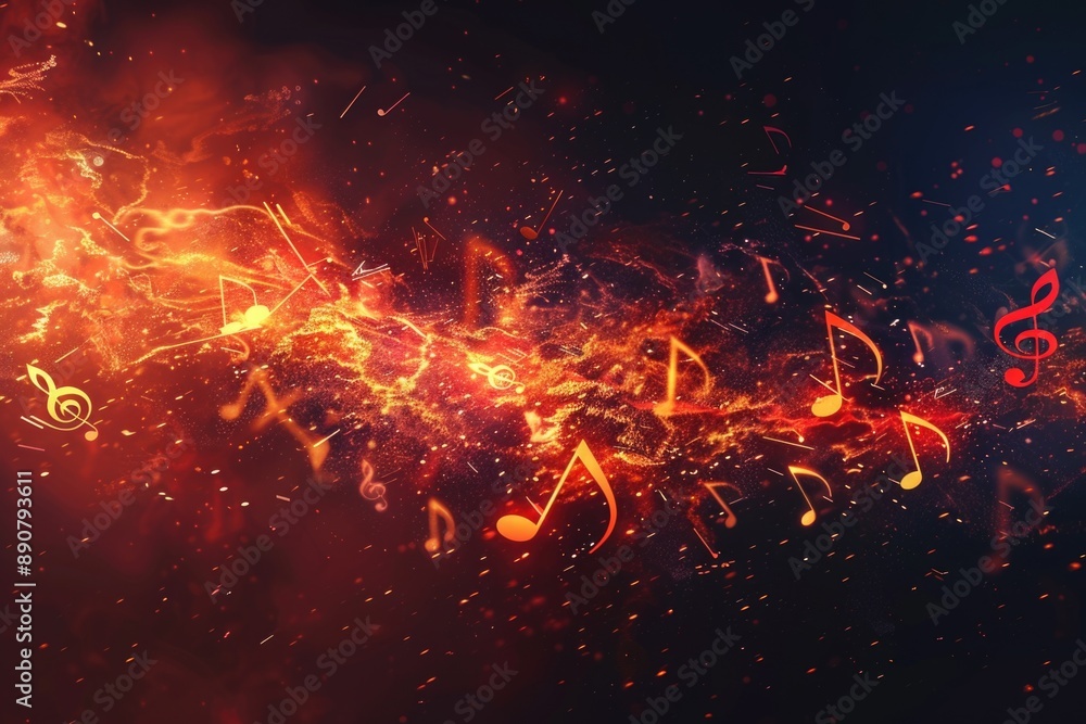 Poster a colorful scene with musical notes floating in mid-air
