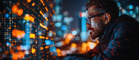 Man Working Late at Night with a Data Screen and a City Lights View