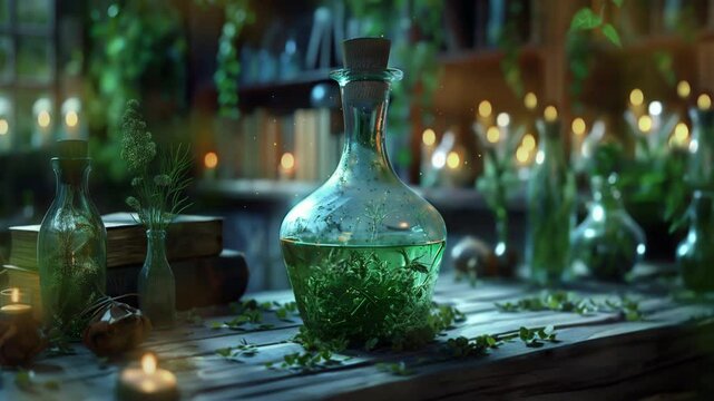 Magic potion in a room with candles and books