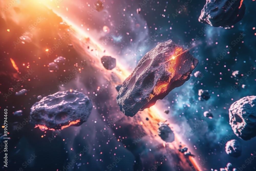 Fototapete a group of rocks floating in space, with stars and planets in the background