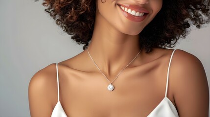 Fototapeta premium Elegant woman modeling pendant necklace