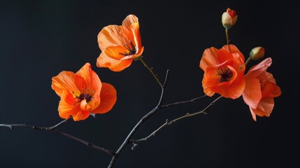 A cluster of vibrant orange flowers sit atop a slender branch, perfect for decorative arrangements or still life photography