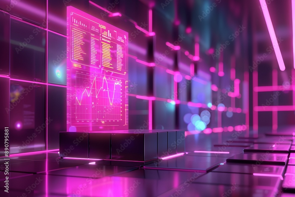 Poster futuristic neon room with data display and graph