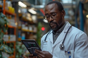 Male Doctor Wearing Glasses Examines Data on Tablet Inside Medical Facility
