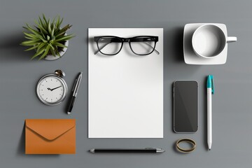 Blank White Paper on Grey Desk With Pens, Glasses, and Phone