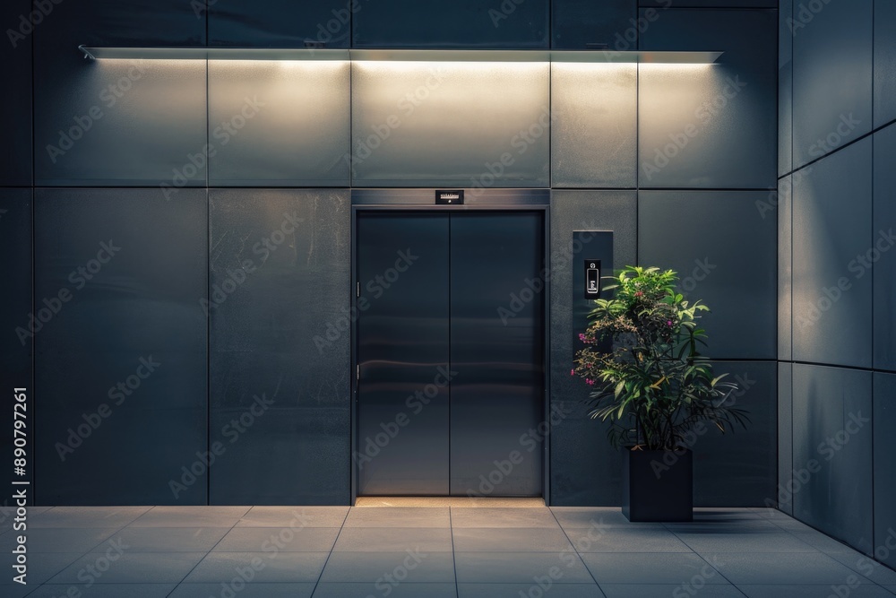 Aufkleber A modern elevator with a small potted plant placed in front of it, providing a touch of greenery to the urban environment
