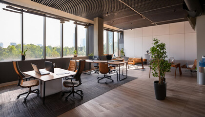 Fototapeta premium Modern Office Space with Relax Corner and Window View