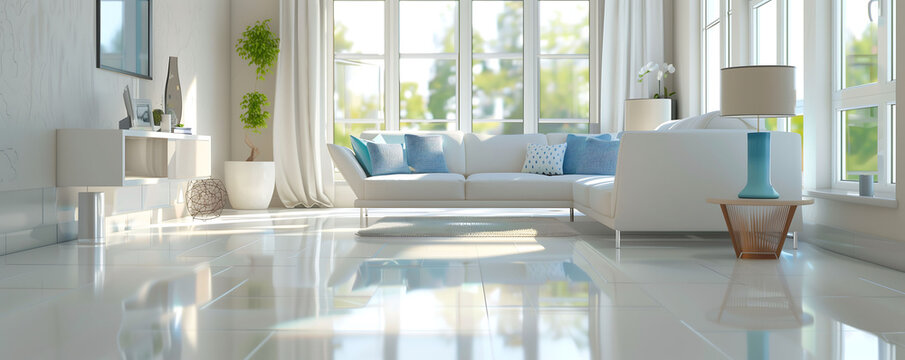 very bright living room in white colours, shiny clean surfaces, absolutely clean house, clean house concept, background of cleaning products and cleaning services, space for text