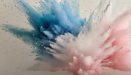 Fototapeta premium Dramatic blue and pink powder explosion with particles on light background. Abstract texture
