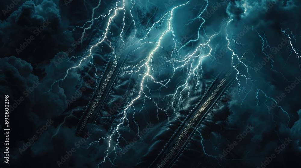 Poster a dark sky with lightning bolts illuminating the clouds, suitable for use in weather or storm-themed