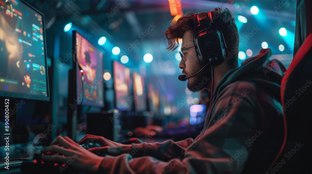 Poster a man is playing a video game with a headset on